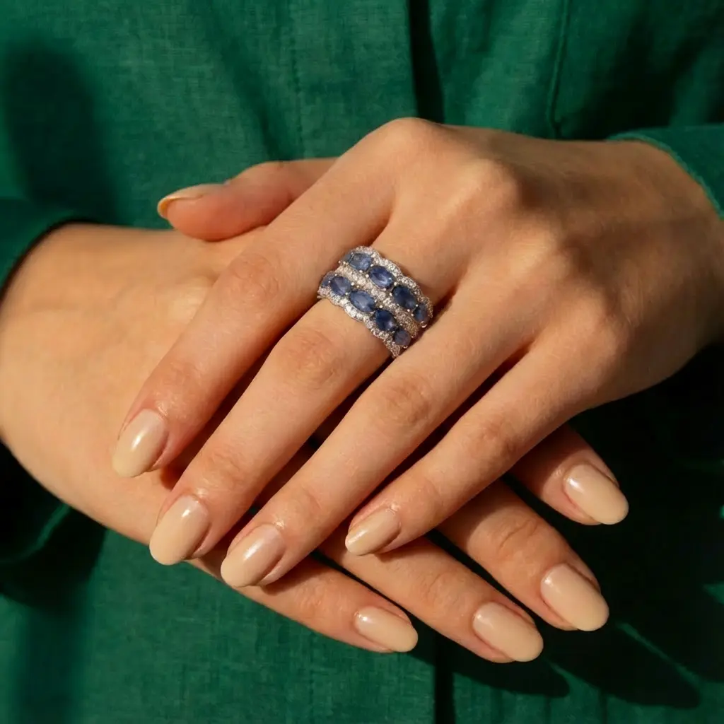 Ring Blue Sapphire and Diamond 18k White Gold 3.97 cts - Image 2