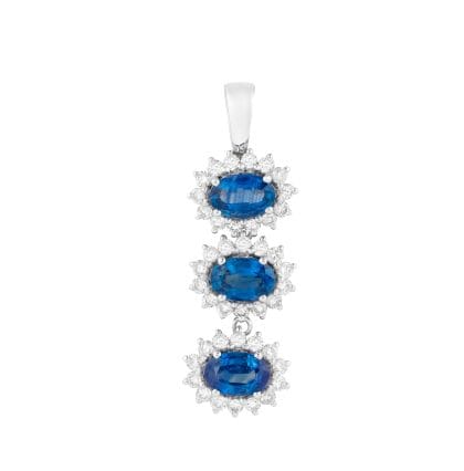 Pendant Necklace Blue Sapphire and Diamonds 18k White Gold 1.91 cts
