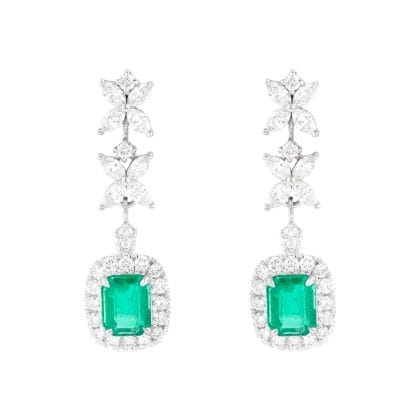 Earring Emerald and Diamonds Hoop 18k White Gold 1.21 cts