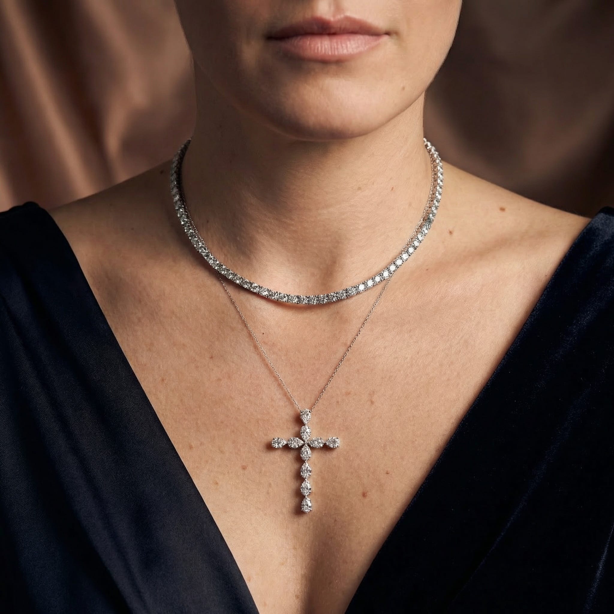Diamond Cross Necklace 18K White gold 1.90 ct