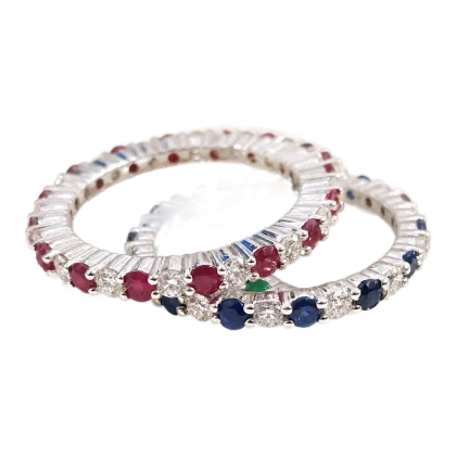 Ring Diamonds mix Ruby and Blue Sapphire 18k White Gold 1.69 cts