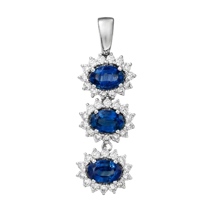 Pendant Necklace Blue Sapphire and Diamonds 18k White Gold 1.91 cts